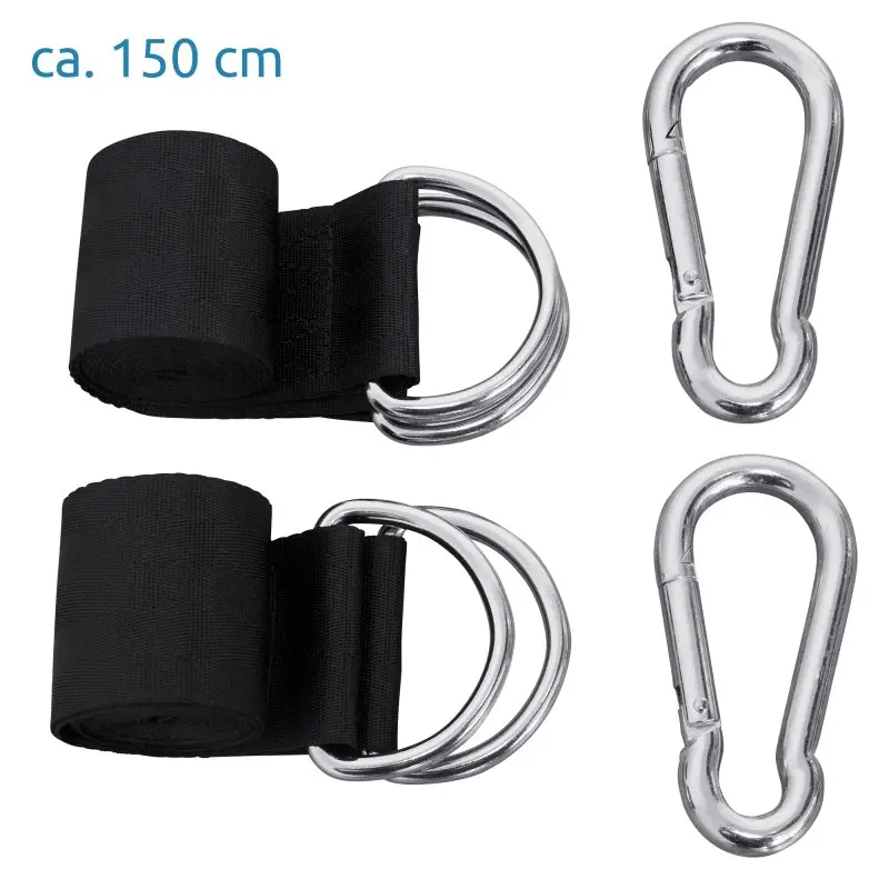 Kit de fixation pour hamac yourGEAR Bali Aqua : deux sangles noires robustes de 150 cm avec doubles anneaux métalliques et deux mousquetons argentés, idéal pour la suspension sécurisée de la hamac.
