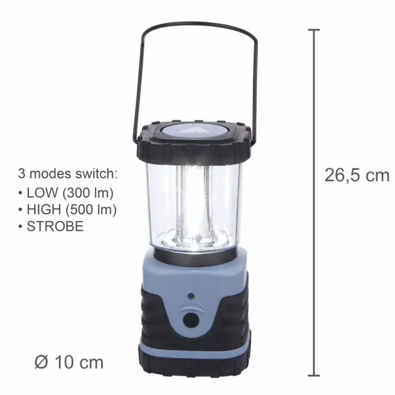 Blue 10T HPL 500 camping lantern with 500 lumens, 4 COB LEDs, 12W, three light modes (low, high, strobe), handle, 26.5 cm height, 10 cm diameter, robust design, suitable for outdoor use.