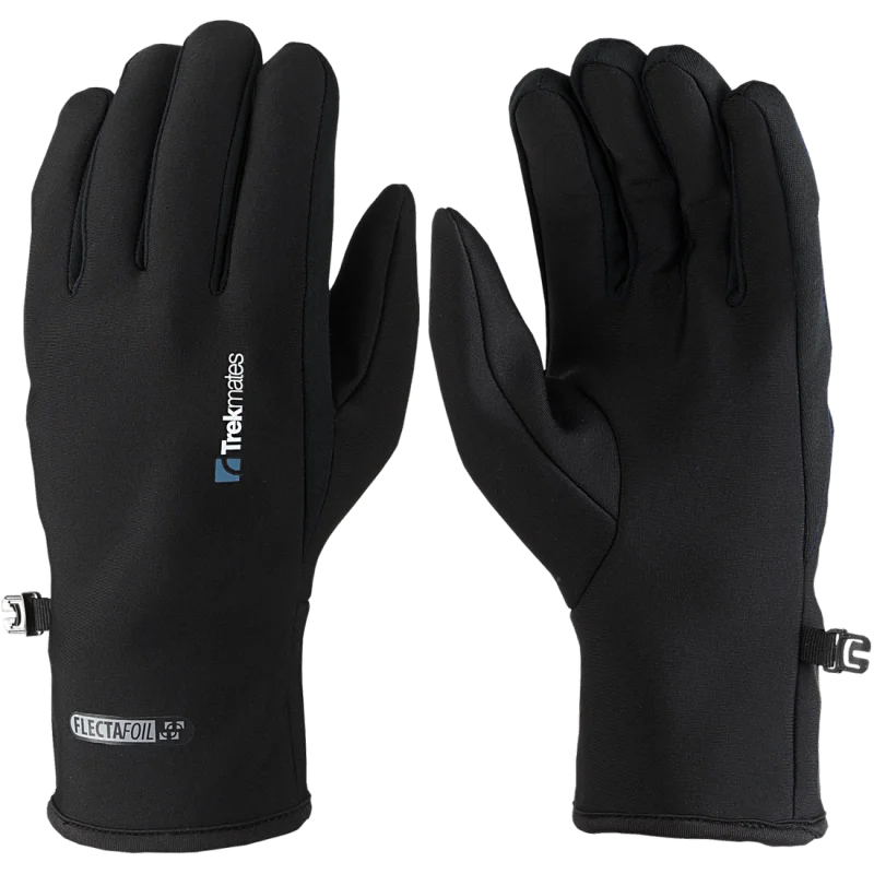Trekmates Brandreth M unisex micro fleece gloves in black, shown from palm and back, with stretch fit, lightweight design, and breathable polyester material for warmth and flexibility.