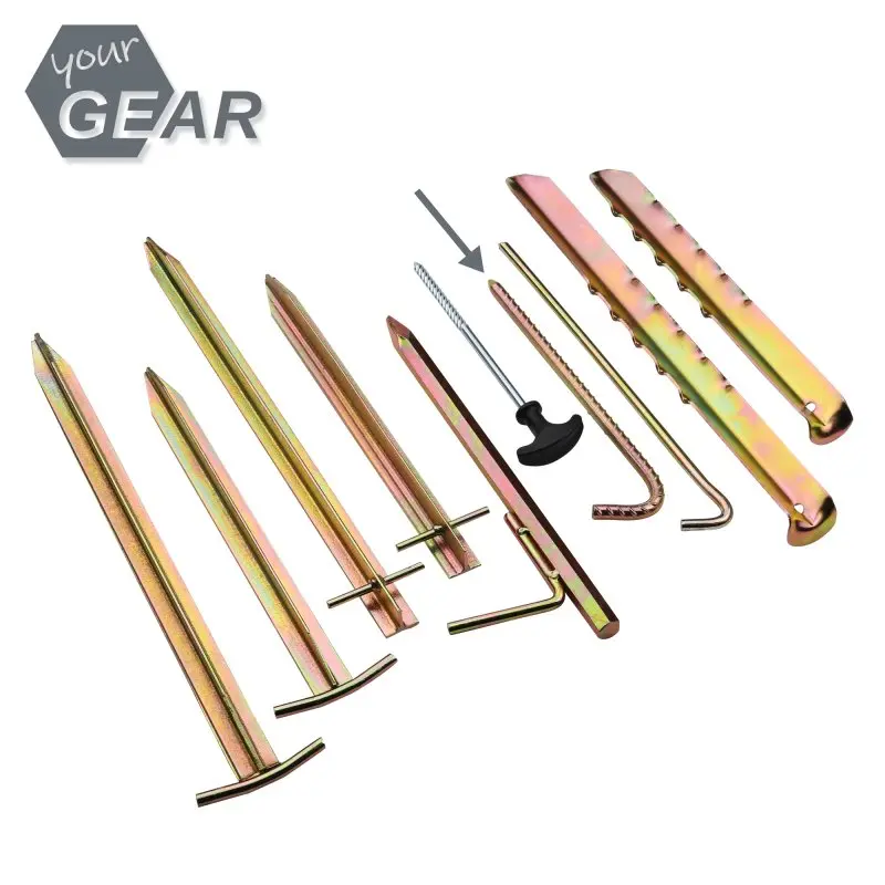 Verschiedene your GEAR Zeltheringe RX 250 aus robustem, rippenverstärktem Stahl, Ø 10x250mm, in unterschiedlichen Formen und Ausführungen, geeignet zur sicheren Befestigung von Zelten und Vorzelten.