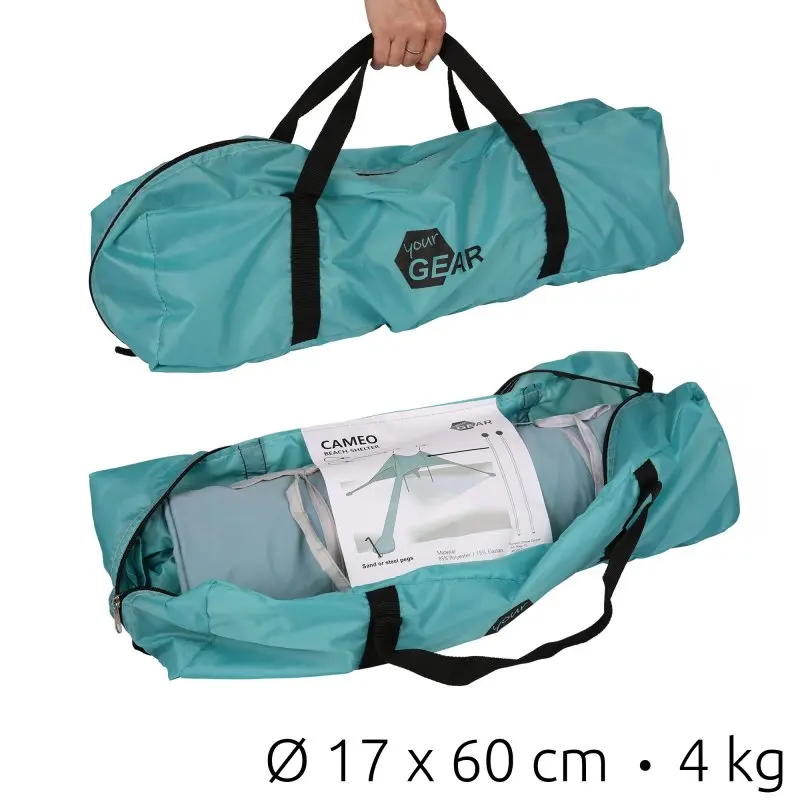 Sac de transport turquoise your GEAR pour tente de plage Cameo 3x3 m, dimensions emballé 17 x 60 cm, poids 4 kg, avec poignée noire, étiquette descriptive visible, idéal pour plage et protection UV.
