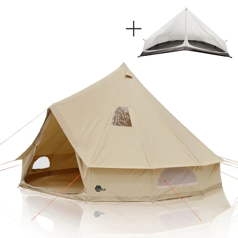 Zelt your GEAR Desert 10 Pro aus beigem Baumwoll-Mischgewebe, Pyramidenform, mit Klarsichtfenster, Mesh-Fenstern und separater Schlafkabine, geeignet für 6-10 Personen, UV-Schutz 50+.