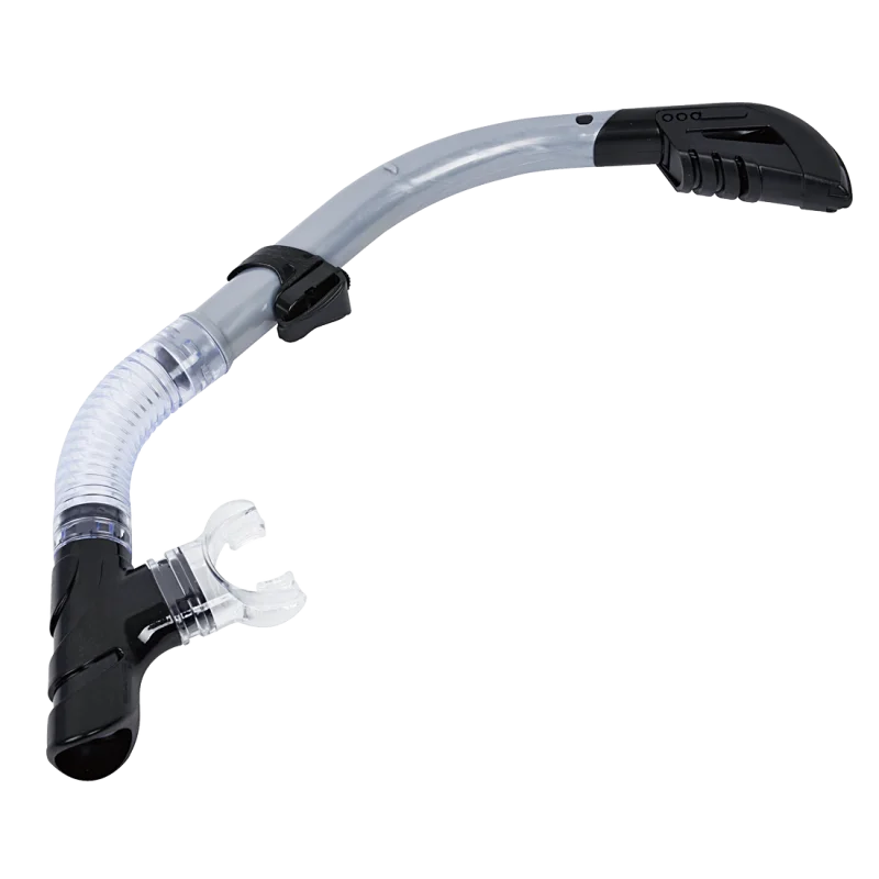 Jilong Dry Plus snorkel with soft silicone mouthpiece, black and transparent design, dry top system, flexible tube, ergonomic bite tabs, ideal for swimming, snorkeling, and diving.
