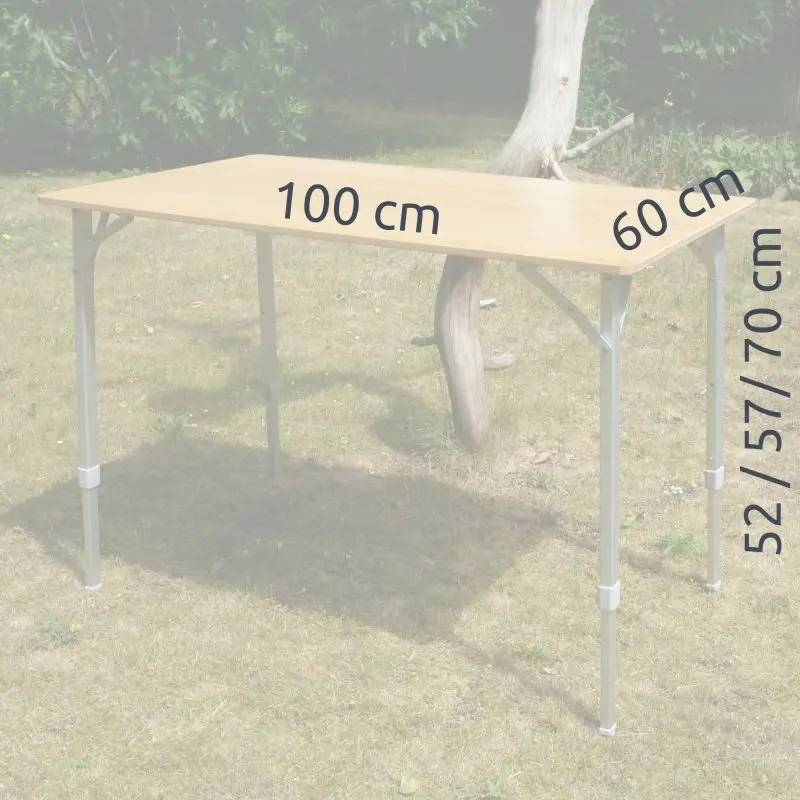 Table de camping en bambou your GEAR Portofino L, plateau 100x60 cm, pieds télescopiques réglables à 52/57/70 cm, pour 4 personnes, usage extérieur, structure stable et surface naturelle résistante.