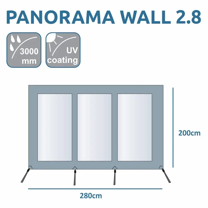 Pared frontal your GEAR Panorama Wall 2,8 x 2 m para toldo, gris, con tres ventanas, protección UV y resistencia al agua 3000 mm, ideal contra sol, viento y lluvia. Medidas: 280 x 200 cm.