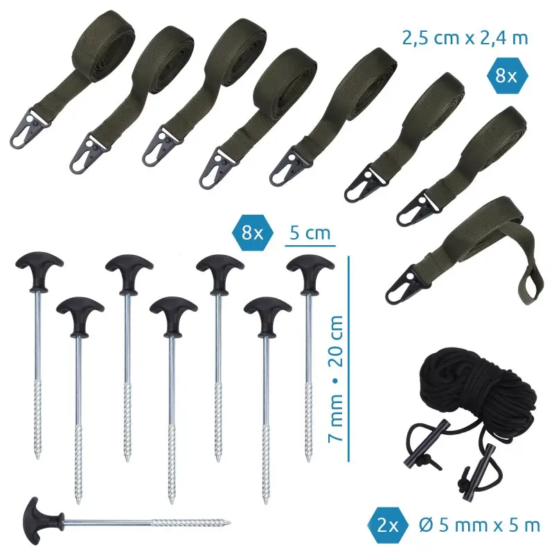Accessoires du yourGEAR Bushcraft Tarp : 8 sangles vertes 2,5 cm x 2,4 m avec mousquetons, 8 piquets métalliques 20 cm, 2 cordes noires 5 mm x 5 m, pour montage de tarp, camping ou survie.