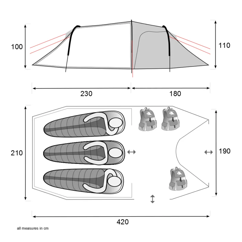 Schéma du 10T Silicone Valley tente de trekking 3 personnes : vue de dessus et de côté, dimensions en cm, espace pour sacs à dos, hauteur 100/110 cm, imperméable, idéale pour le camping et la randonnée.
