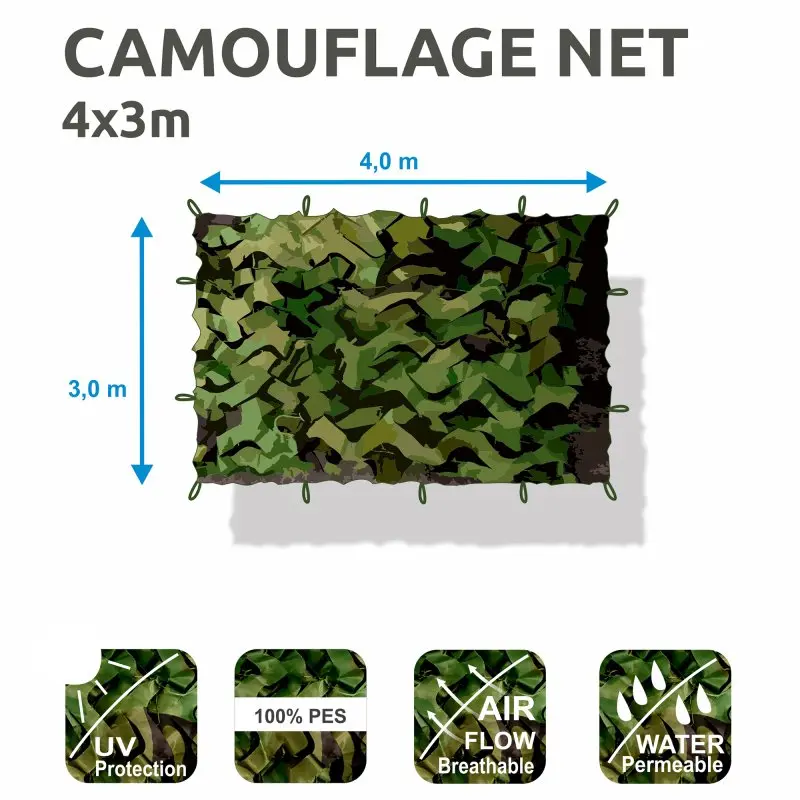 Filet camouflage yourGEAR 3x4 m vert forêt, léger, résistant UV, perméable à l’air et à l’eau, 100% PES, œillets de fixation, idéal pour chasse, jardin, terrasse ou protection solaire extérieure.