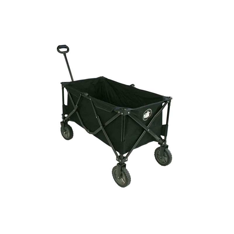 Chariot pliable 10T Foldy Trolley XL noir, structure en métal, quatre grandes roues, poignée télescopique, tissu résistant aux intempéries, idéal pour plage, parc ou transport familial.