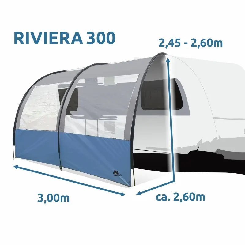 Vorzelt your GEAR Riviera 300, 3x2,6m, mit großen Panoramafenstern, blau-grau, UV 50+ Schutz, passend für Wohnwagen, Wohnmobil, Campingbus, geeignet für Kederhöhe 2,45–2,60m.