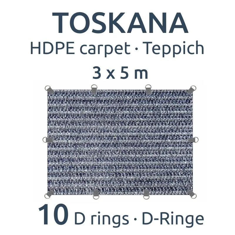 Tappeto da esterno your GEAR Toskana 300x500 cm in HDPE grigio-blu, resistente e traspirante, con 10 anelli a D per il fissaggio, ideale per campeggio e veranda.
