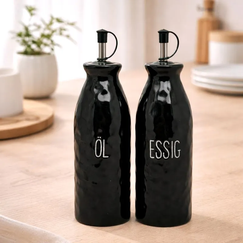 PURWERK Essig und Öl Set Schwarz Keramik mit Ausgießer – Hammerschlag-Design