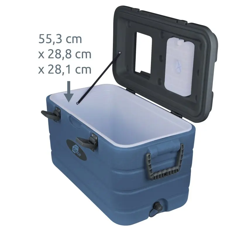 yourGEAR Coolah 40L Kühlbox in Blau mit geöffnetem Deckel, PU-Isolierung, stabilem Tragegriff, Verschlussclips und eingeprägten Maßen 55,3 x 28,8 x 28,1 cm, ideal zum Kühlen oder Warmhalten.