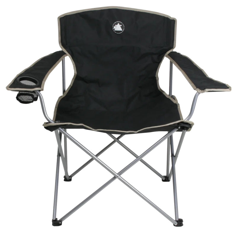 Sedia da campeggio pieghevole 10T Quickfold Easy nera, con braccioli, portabicchieri integrato e struttura in metallo, ideale per campeggio, pesca e outdoor, portata massima 120 kg.