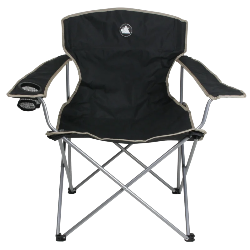 Sedia da campeggio pieghevole 10T Quickfold Easy, colore nero, con braccioli, portabicchiere integrato e struttura in metallo, ideale per outdoor, pesca e campeggio, portata massima 120 kg.
