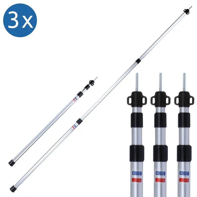 3 mâts télescopiques en aluminium your GEAR pour auvent de caravane, avec système de verrouillage Move Lock, embouts noirs et pointe métallique, adaptés au montage de toiles de protection ou de parasols.