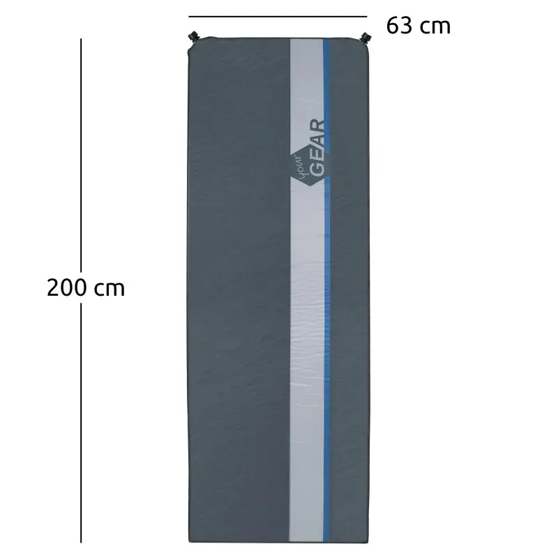 Selbstaufblasbare Isomatte your GEAR ISO 700, 200x63x7 cm, grau mit hellgrauem und blauem Streifen, rechteckig, mit zwei Ventilen, für Camping und Outdoor. Maße sind auf dem Bild markiert.