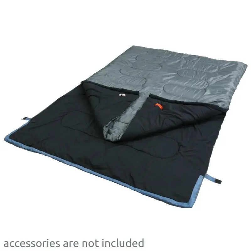 Saco de dormir doble your GEAR Marin para 2 personas, tamaño 220x150 cm, color gris y negro, diseño rectangular, adecuado para 3-4 estaciones, material resistente al agua, ideal para camping y festivales.