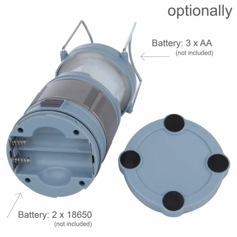 Blue 10T CPL 185 camping lantern with 15 LEDs, removable base, two metal handles, and dual battery compartments for 2x 18650 or 3x AA batteries (not included); shown open for battery insertion.