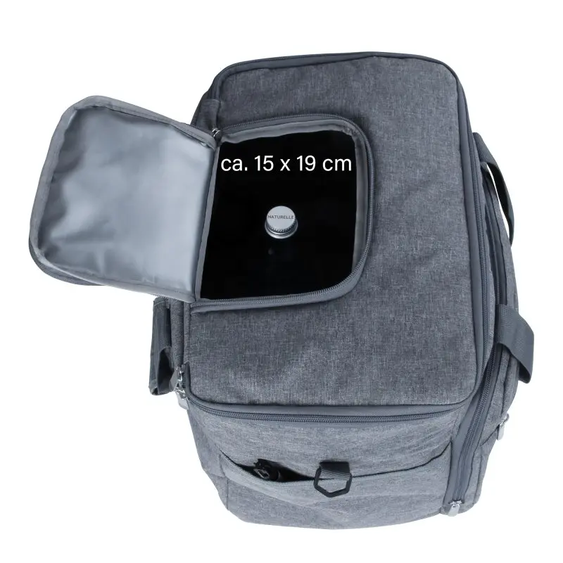 your GEAR Cavoli foldable cooler bag, 30-liter capacity, grey fabric, with top zipper quick-access flap (approx. 15 x 19 cm), insulated interior, side handle, and front pocket, ideal for picnics or shopping.