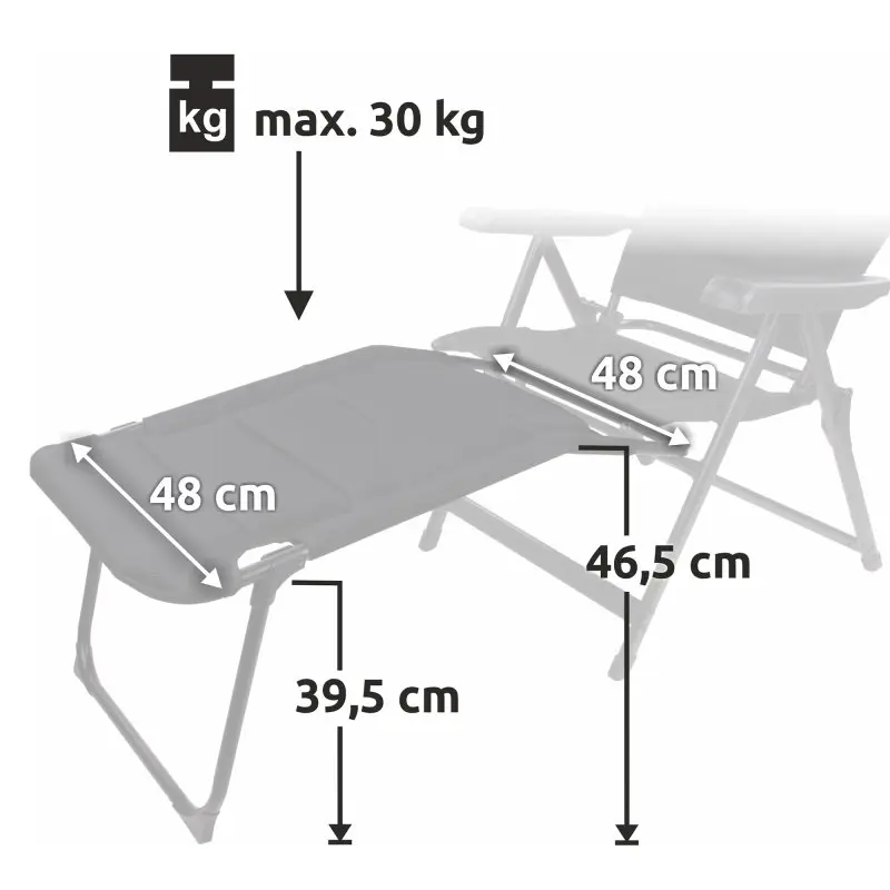 yourGEAR Sovana 3D footrest for camping chair, black 3D mesh cover, aluminum frame, dimensions 48x48 cm, height 39.5 cm, attachment height 46.5 cm, max load 30 kg, shown attached to chair.