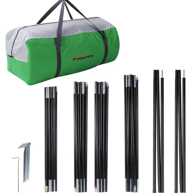 Sac de transport vert et gris Fridani avec piquets de tente, arceaux et sardines, accessoires pour le montage du grand tente dôme 5 personnes DTG 500, camping, imperméable 3000 mm, familial.