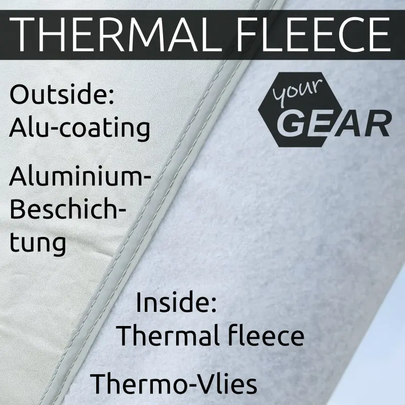 Sonnenschutzmatte your GEAR Brindisi mit silberner Aluminium-Beschichtung außen und Thermo-Vlies innen, geeignet für Wohnmobil-Front- und Seitenscheiben, detailreiche Materialaufnahme.