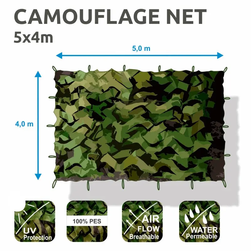 Filet camouflage yourGEAR 4 x 5 m vert armée, motif feuillage, avec œillets. Protection UV, perméable à l’air et à l’eau, 100% polyester. Idéal pour ombrage, chasse, jardin ou décoration extérieure.
