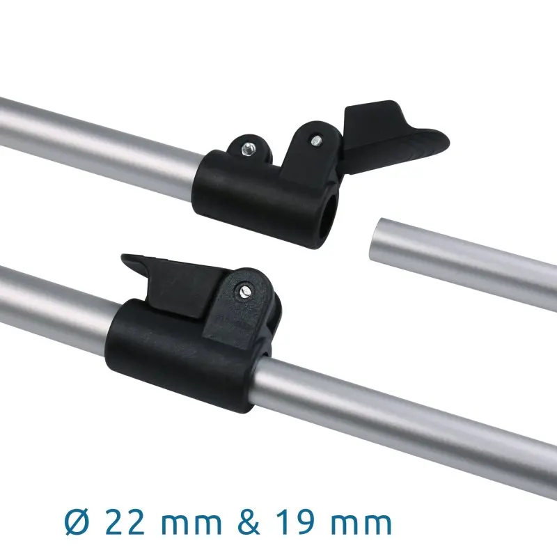 Set de barras telescópicas de aluminio your GEAR para cortavientos, con cierres rápidos de plástico negro y diámetros de 22 mm y 19 mm, ideal para protección visual y contra el viento.