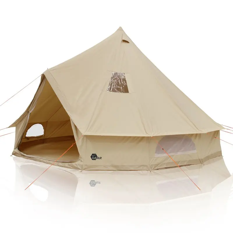 Spacious yourGEAR Desert 10 Pro family tipi tent, beige cotton blend, round shape, fixed bathtub floor, large windows with insect protection, UV50+ sun protection, suitable for 6–10 people, visible guy ropes.