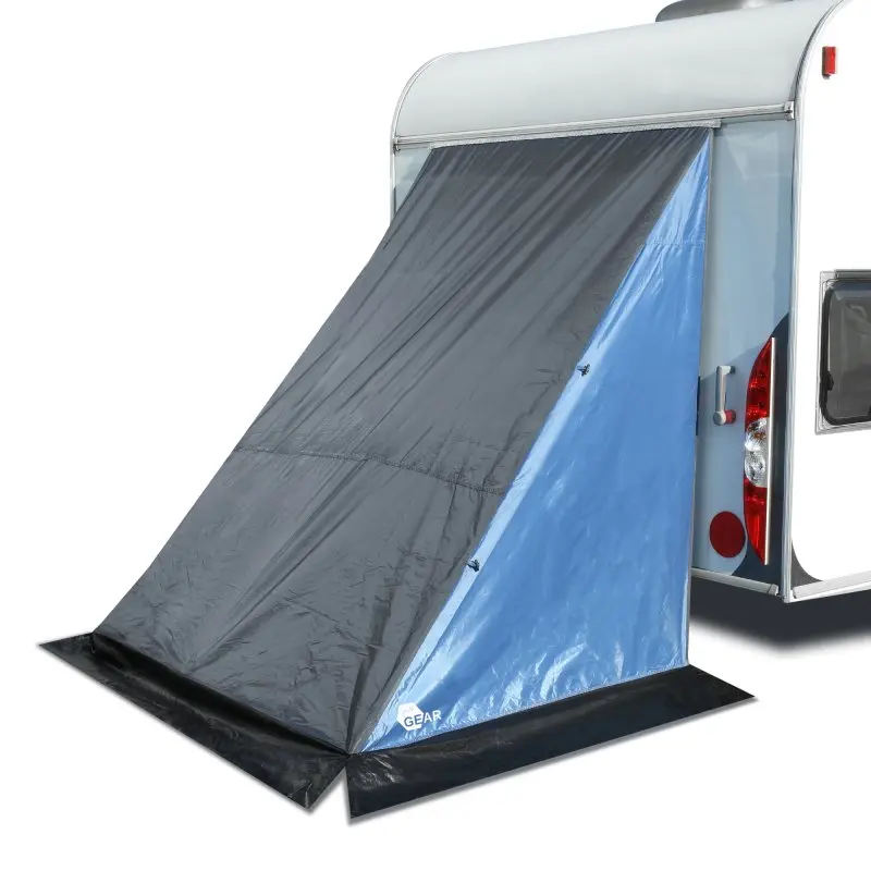 Auvent arrière your GEAR Adria 140 pour caravane, montage facile sur rail, tissu imperméable gris et bleu, utilisé comme tente de rangement ou espace de stockage extérieur, avec bande de sol protectrice.
