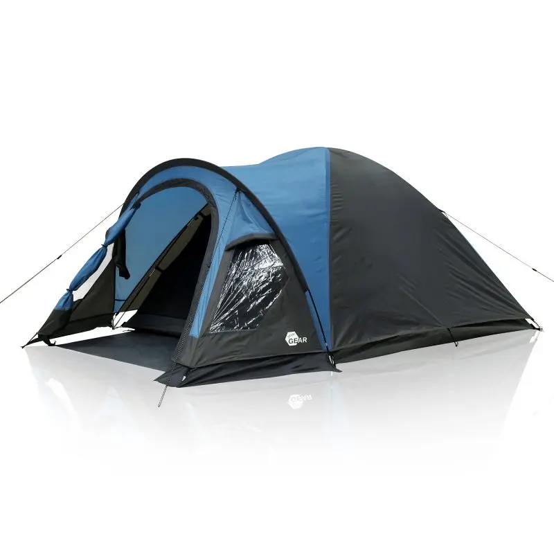 your GEAR Tivano 3-person dome tent in blue and grey with large vestibule, window, ventilation, waterproof 5000 mm, and groundsheet; spacious entrance and sturdy construction for camping or festivals.