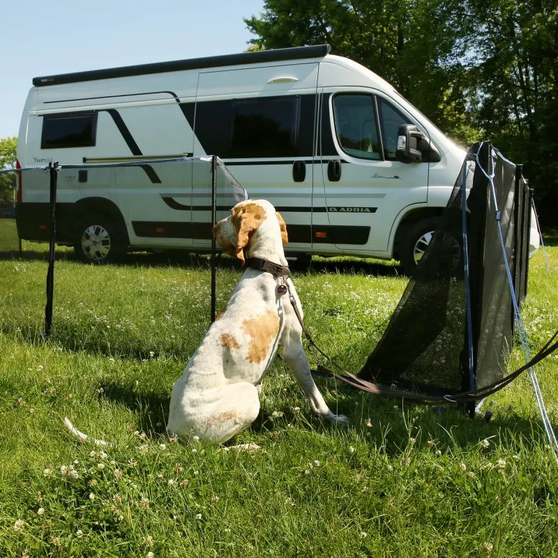 Mobiler Hundezaun your GEAR Larino, 90 cm hoch, als Freigehege auf Wiese vor Wohnmobil aufgebaut, mit Hund im Gehege. Flexibel erweiterbare Zaunelemente, ideal für Camping und Garten.