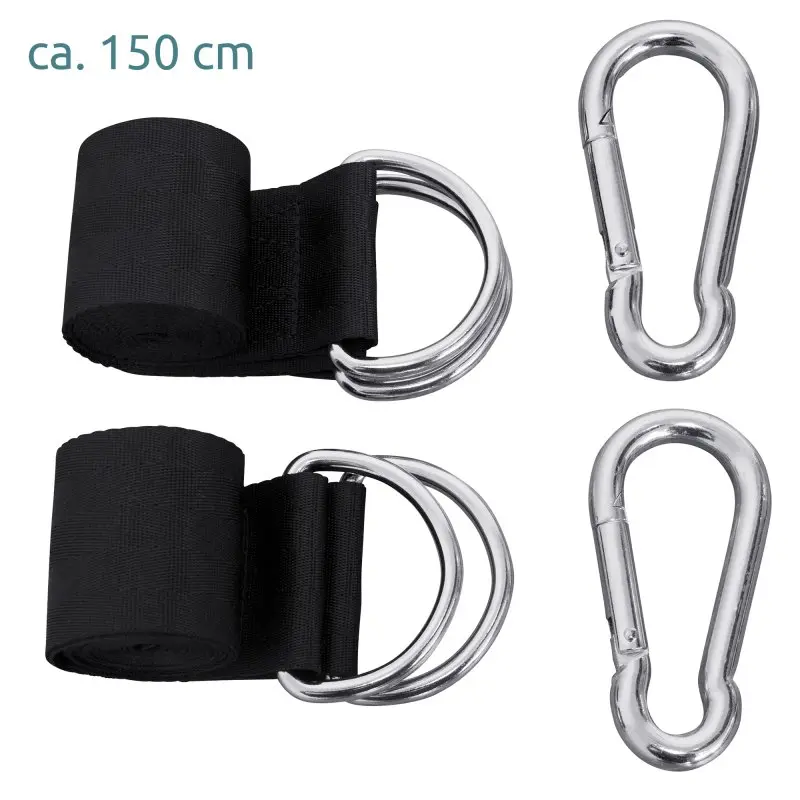 Set de fixation pour hamac yourGEAR Bali : deux sangles noires de 150 cm avec anneaux métalliques robustes et deux mousquetons en acier, idéal pour suspendre une hamac jusqu’à 240 kg.
