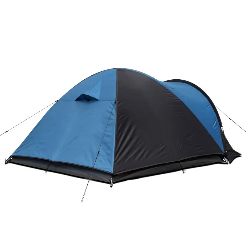 Blue and grey your GEAR Tivano 3-person dome tent with large vestibule, window, ventilation flap, and waterproof 5000 mm material, shown fully assembled with guy lines and groundsheet. Ideal for camping and festivals.