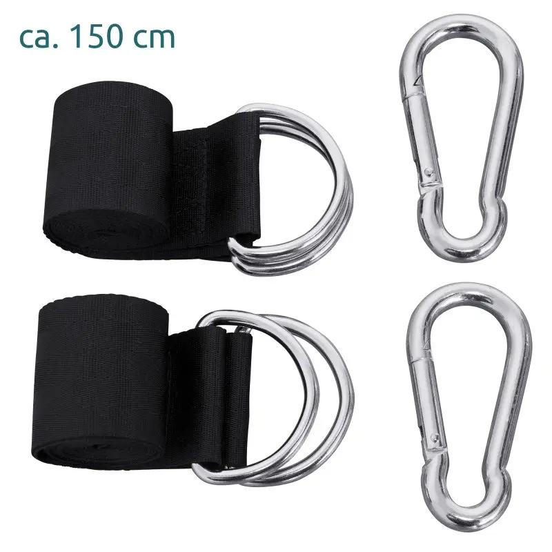 Ensemble de fixation pour hamac yourGEAR Kauai Smaragd : 2 sangles noires de 150 cm avec anneaux métalliques et 2 mousquetons robustes en acier pour une installation sécurisée et facile de la hamac.