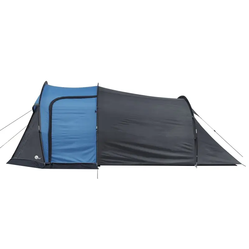 your GEAR Sopero 4 person tunnel tent, blue and black, with side entrance, large vestibule, window, and waterproof material, ideal for camping and trekking.