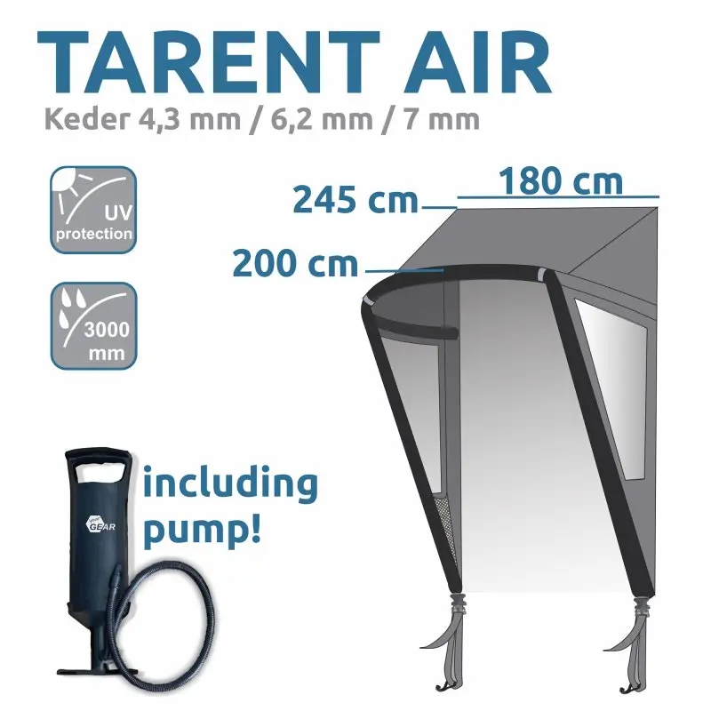 Auvent gonflable your GEAR Tarent 180 Air pour porte de camping-car, dimensions 245x200x180 cm, protection UV, étanchéité 3000 mm, livré avec pompe, adapté Keder 4,3/6,2/7 mm.